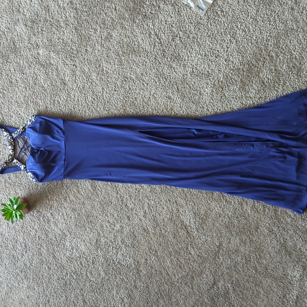 JODI KRISTOPHER: Royal Blue Jewel Prom Dress with Leg Slit